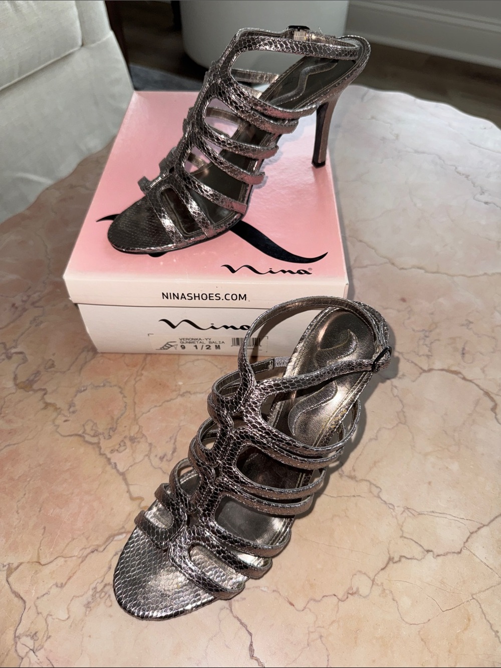 Nina Veronka Multi-Strap Metallic Gunmetal Heeled Mules